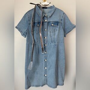 Allegra-K Denim Button-Up XL Dress with Brown Belt  2 Front Pockets Short Sleeve